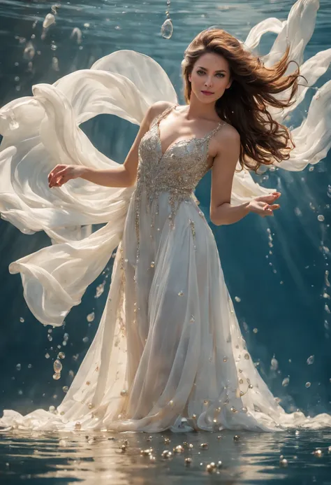 mulher bonita, dynamic pose, movimento suave, (water, white dress with water pearls, stream of water, controlling water:1.2), so...