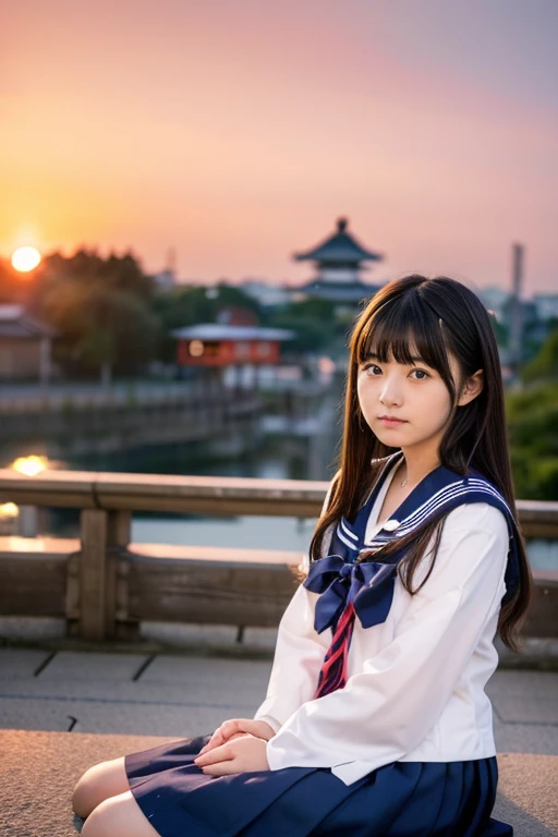 Ruins、((Two beautiful Japan girls))、Same school uniform、Same sailor suit、13years、With bangs、serious facial expression、Navy long skirt below the knee、Long straight hair、(early evening)、(Sunset)、frontage、