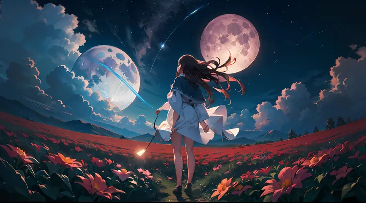 ((best quality)), ((master part)), Vasta foto de paisagem, (de baixo, The sky above and the open field below), a girl standing on a flower field looking up, (lua cheia: 1.2), (Meteoro: 0.9), (nebula: 1.3), Montanhas distantes, Trees BREAK Making Art, (Font...