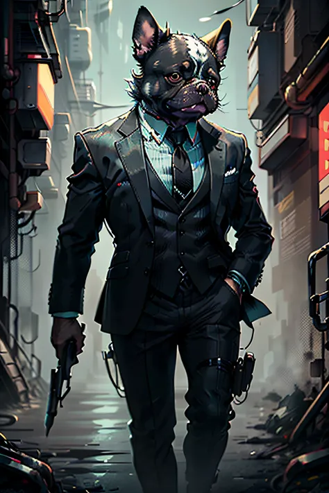 (Man in black suit and tie)comic strip、Anthropomorphic French bulldog dog、cyberpunked