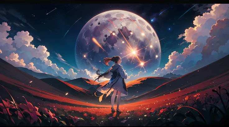 ((best quality)), ((master part)), Vasta foto de paisagem, (de baixo, The sky above and the open field below), a girl standing on a flower field looking up, (lua cheia: 1.2), (Meteoro: 0.9), (nebula: 1.3), Montanhas distantes, Trees BREAK Making Art, (Font...