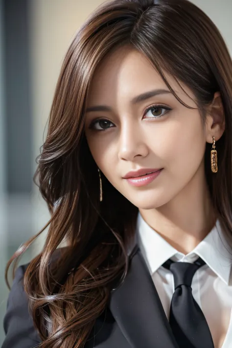 masutepiece, Best Quality, Photorealistic, Ultra-detailed, finely detail, High resolution, 8K Wallpaper, 1 beautiful woman,, light brown messy hair, in a business suit, foco nítido, Perfect dynamic composition, Beautiful detailed eyes, detailed hairs, Deta...