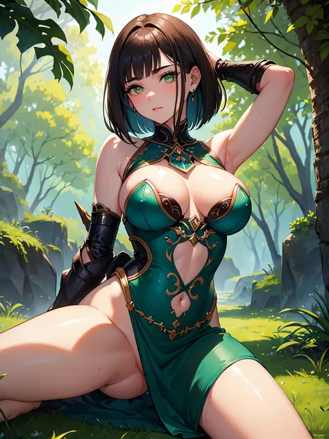 nsfw, masterpiece, best quality, ultra detailed, illustration, 1 girl, dark brown hair, bob cut, large breast, green eyes, beautiful detailed eyes, delicate beautiful face, armored dress, outdoors, embarrassed, arms behind head, vulgarity, nipples, pov, lo...