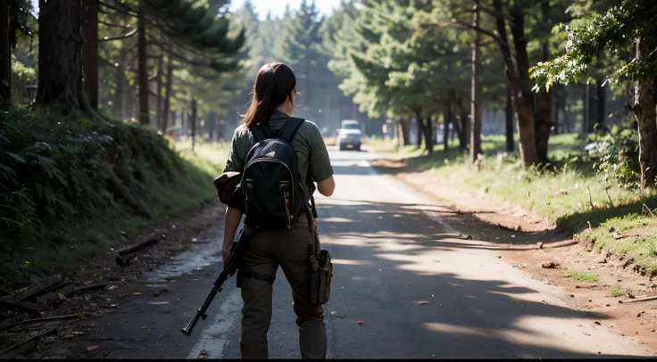 1 Mulher 25 anos, cabelo castanho longo amarrado, olhos azuis, com mochila cargueira cor verde, moletom marrom, With rifle in hand, Forest destroyed, sangrando , 1 homen  39 anos,  cabelo preto, de colete, Hyper realistic cinematic lighting super details s...