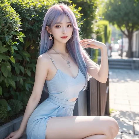 Beautiful girl with blue-pink hair，Her appearance is the embodiment of perfection。Her gorgeous blue-pink hair is like a rainbow in a dream，Shining magnificently in the sun。Every hair is soft and elastic，As if woven by fairies themselves。

Her eyes are deep...