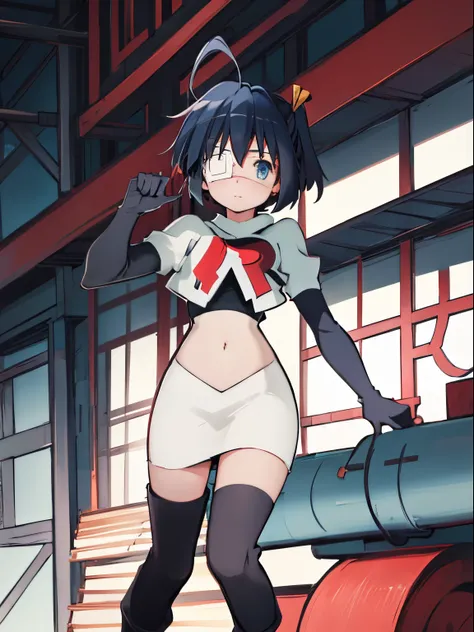 ph rikka, 1girl, :o, jacket, blazer, aqua eyes,team rocket,team rocket uniform,white skirt,crop top,black thigh-high boots,black elbow gloves,