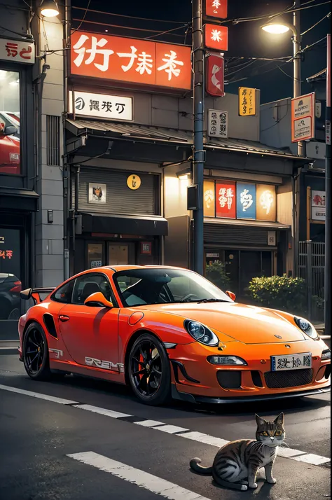 fast and furious with cats, streets of tokyo japan, image of porsche 911 gt3, dark brown tabby cats sitting around the car, highly detailed cats, correct proportions, night time, street lights, convenience store in background behind car