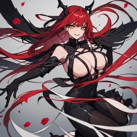 (absurdres, 8k, 4k, masterpiece, hyper extreme detailed:1.2), solo, 1girl, front view, perfect face, 1girl, ((red long hair)), ((straight cut hair bangs)), portrait, queen, bloody, ((very long hair)), (full body), elegant dress, gloves, dominant, roses, ex...