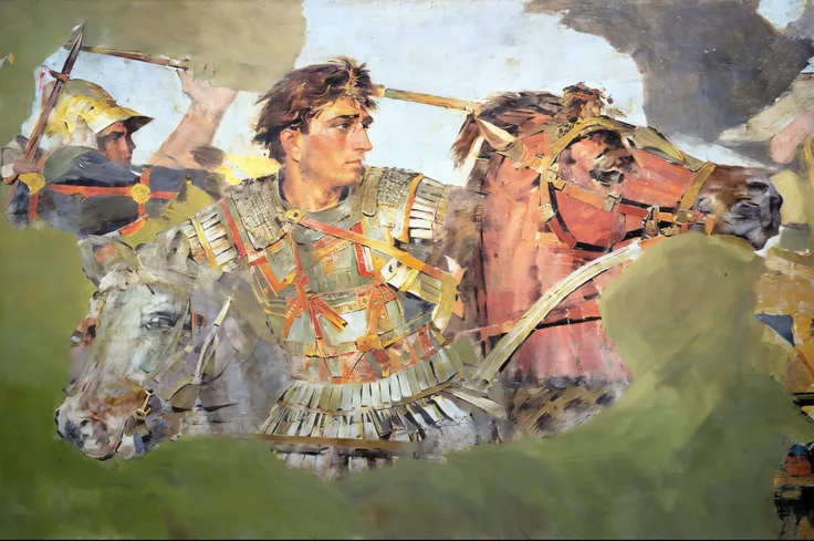 painting of a man riding a horse with a spear in his hand, alexander the great, alexander, historical artistic depiction, alexandros pyromallis, portrait of achilles, historical painting, fresco, greek amazon warrior, caesar, michael, by Douglas Shuler, fr...