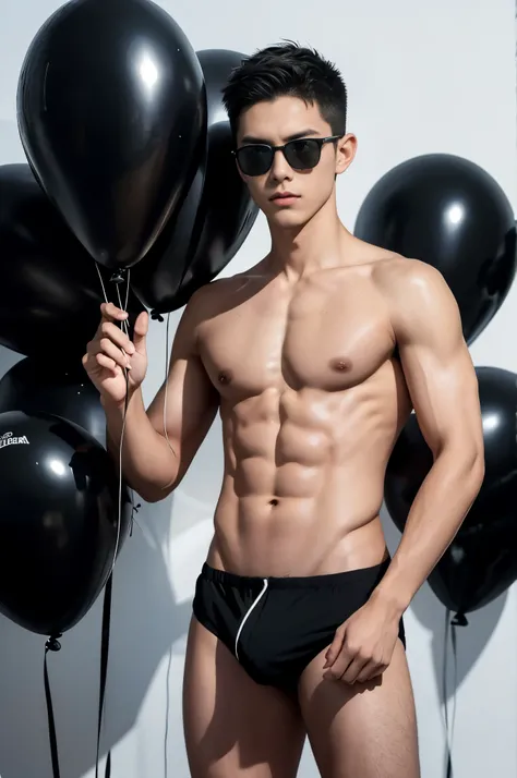 14-year-old boy, popping big black balloon, wearing black speedos, shirtless, abs, thin body, slim body, hugging black balloons, popping black balloons, handsome, youthful, boyish, cute, black military sunglasses, rayban aviators, photography, realistic, i...