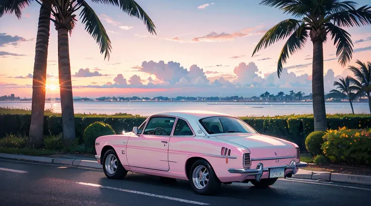 (pink sky, seaside, palm tree), (white classic car)