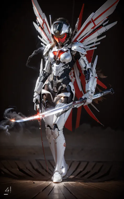 beautiful woman, con un moderno traje volador mecha cyborg, color blanco con detalles en rojo, Casco moderno con visera roja., Alas de metal, holds laser-edged Katanas in each hand, ella esta volando en el cielo, Explosiones, humo, Fuego, 4k, Imagen ultra ...