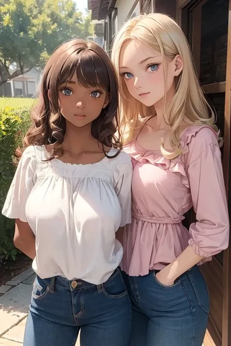 ((best quality)), ((masterpiece)), two girls, (tall, small breast, long blonde hair blue eyes thin girl ), befriend with (big breast, short height, dark skin, fat, long brown curly hair, brown eyes girl , ruffles pink clothes and blue jeans pants)