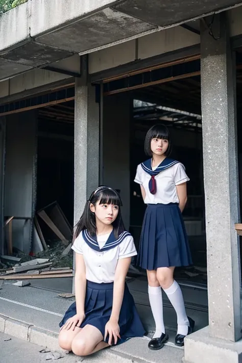 ((Inside a broken concrete building))、((Two beautiful Japan girls))、Same school uniform、Same sailor suit、15yo student、With bangs、serious facial expression、Navy long skirt below the knee、Pitch black night、