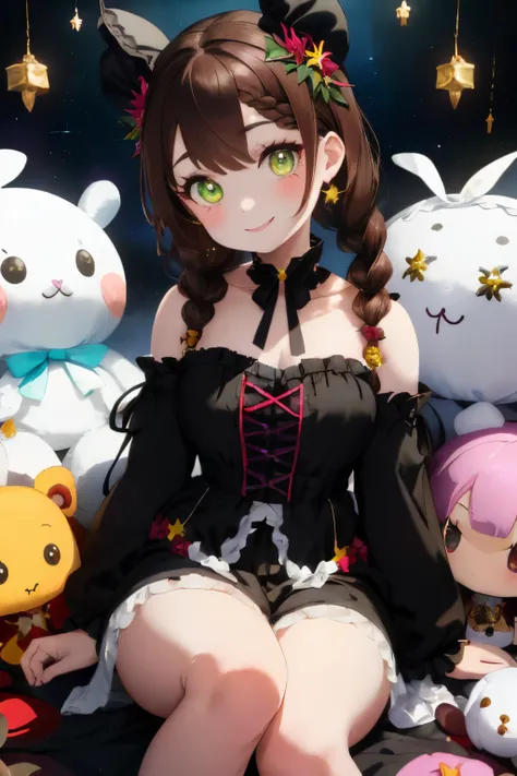 ((Brown hair)),((Braided shorthair)),((With black eyes)),Slight red tide,(gothic loli style costume:1.25),(Head dress:1.2),((Scattered with lily flowers and stuffed animals)),(The entire space turns white, Black, Green, and yellow.),(Big eyes:1.5),(your ey...