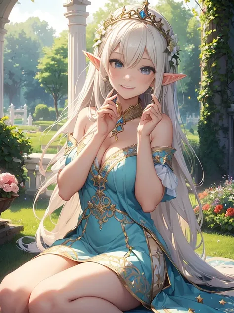 top-quality、Top image quality、​masterpiece、two friendly elves、Elven Beauty、smiling while holding a bouquet of roses((24 year old、Best Bust、big bast、Bust 90,beautiful blue ironed long hair、A slender、a closeup、Esbian、beautiful tiara、hiquality、beautiful white...