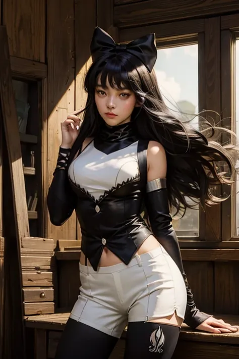 (masterpiece, best quality:1.2), cowboy shot, solo, 1girl, blake belladonna, expressionless, closed mouth, looking at viewer, black hair bow, white shirt, detached sleeve, pantyhose, legwear under white shorts