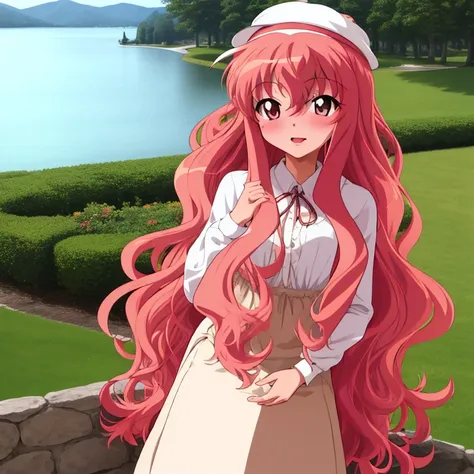 louise zero default, louise-françoise le blanc de la vallière, 1girl in, solo, red blush, long hair, pink hair, wavy hair, pink ...