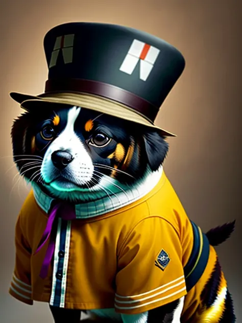 photo d&#39;un chien jaune pâle avec un chapeau et une écharpe, Art Station Tendance, vêtus de vêtements punk, Rendu détaillé hyper réaliste, Membre d’un gang britannique,  style, pose intimidante, La planète des chats, Vêtements à la mode,  samouraï, miao...