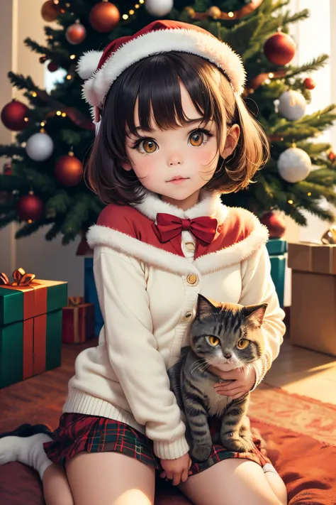 5yr old cute girl , a scottish fold cat, christmas tree.