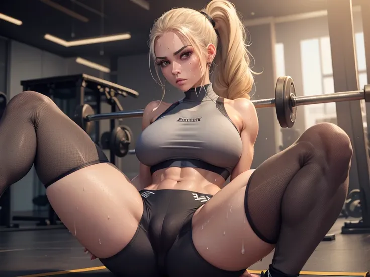 young woman, fashionable, workout clothes, gym, high ponytail, toned body, lean, strong, sport bra, leggings, tight, high cheekbones, blonde, grey eyes, long lashes, legs spread, open legs, cameltoe, ((sweaty))