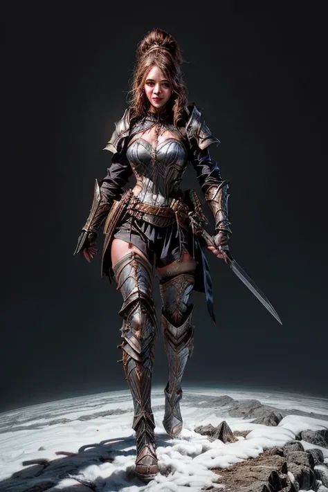 dnd, Dunkle Kunst, Hirngespinst, 1 beautiful female warrior in love walks to large medieval castle,  pretty face like Jessica Alba, blaue Augen, mischievous smile, Langes lockiges Haar, He wears heavy plate armor with Lord of the Rings-style decorations, p...