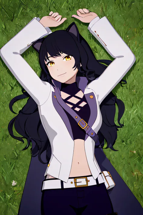 ((masterpiece,best quality)), 
Blake_RWBY,   1girl, solo, black hair, long hair, cat ears, animal ears, yellow eyes,
 belt, midriff, pants, jacket, 
solo, smiling, looking at viewer, solo, smile, cowboy shot, lying, on back, on grass, arms up, blue pants. ...