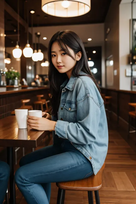 realistic, high detail, 8k, south korean girl sitting in cafe, wearing flannel and blue jeans, rainy day, cozy vibe