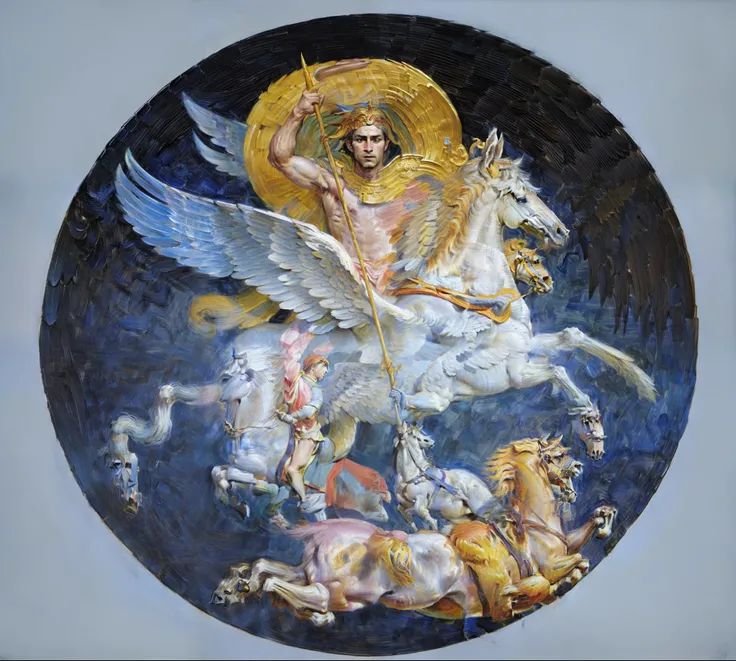 painting of a man on a horse with a winged halo, mythological painting, the god hermes, pegasus, male centaur centaur chimera, inspired by Charles Le Brun, neo-classical painting, centaur from greek mythology, neoclassical painting, cheval michael, woman r...