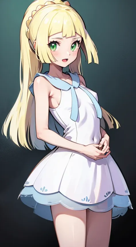 one girl,a blond,poneytail,lillie,green eyes,arms back,nimbly,beautiful steppe,good luck lily,a pokémon,white dress,raising,verd...