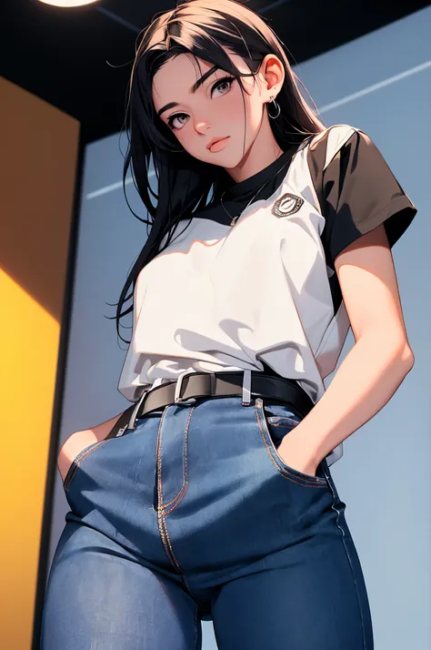 (Hinata Hyuga, muito , com roupas apertadas, bunda grande, pernas grossas, Wearing extremely tight jeans, usando uma mini blusa, umbigo com pirsing, cabelo grande, Speaker behind, muito realista, extremamente sexy, 8k, 8k extremamente detalhado), (um extre...