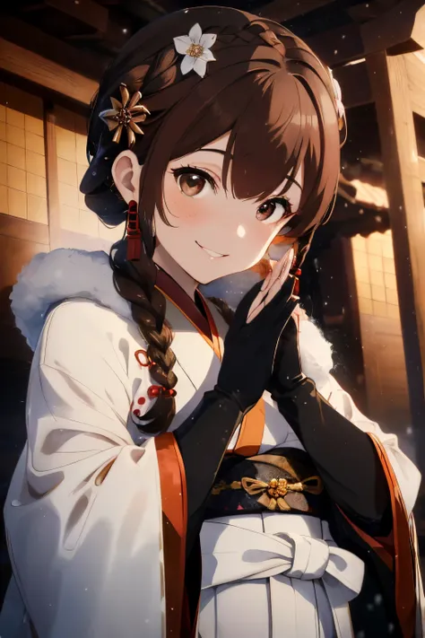 ((Brown hair)),((Braided shorthair)),((With black eyes)),Slight red tide,(Luxurious furisode:1.5),(Kimono:1.25),(white fluffy cloak),(stylish five finger gloves:1.2),(First visit to black short boots),(shrines:1.2),(Watch with a smile),(Worship at the shri...