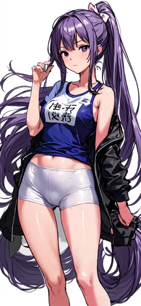 A beautiful girl with beautiful legs and slightly long hair tied in a wisteria-purple ponytail with a ribbon is standing in white gym clothes on top and high-leg bloomers with dark blue bottoms.。