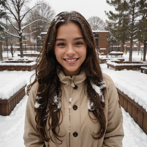 A tan skinned girl with long curly brown hair in the snow smiling