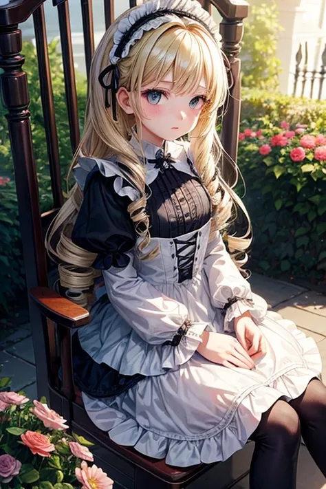 a girly, youngly woman, 10yo, a shamed, sitting in the flower garden, on white chair, gothic lolita dress, blonde long hair, twin drill tail,