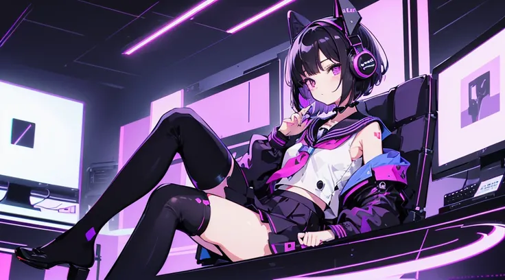 (1 girl, black hair, purple eyes, sailor suit, headphone, sitting in a chair, kawaii), (purple cyberpunk, room with big monitors, purple neon), (low contrast, chromatic aberration, flat color, limited palette, ligne claire)