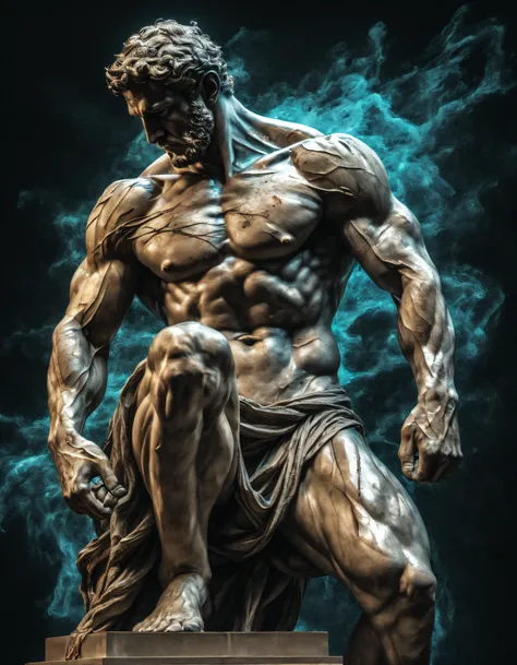 Hercules-style Greek stoic statue with highlighted muscles dark background, Zoro um menino, Perfect centralization, coelho (franco)de Donnie, Standing position, beleza abstrata, Centrado, looking at the camera, Facing the camera, nearing perfection, triste...