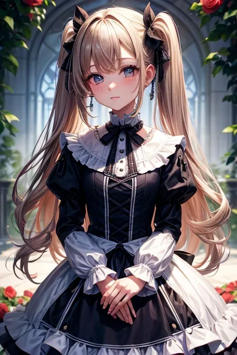 a girly, youngly woman, 14yo, a shamed, standing in the rose garden, on white chair, gothic lolita dress, dark blonde long hair, drill tail,