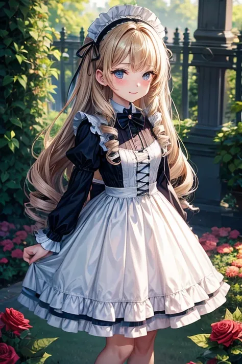 a girly, youngly woman, 14yo, a shamed, standing in the rose garden, on white chair, gothic lolita dress, dark blonde long hair, drill tail,