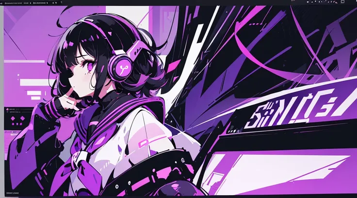 (1 girl, black hair, purple eyes, sailor suit, headphone, kawaii), (purple cyberpunk, room with big monitors, purple neon), (low contrast, flat color, limited palette)