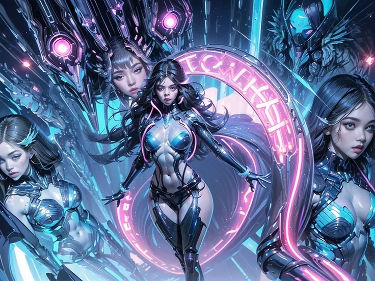 (long legs, thick thighs, narrow waist:1.2, wide hips:1.4), sexy mature, (thick lips), lipstick, long eyelashes, detailed face, detailed body, (thin toned body, futuristic bioluminescent suit, crystalline skin, neon lighting from below), platform heels