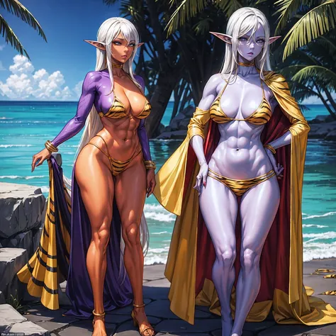 Full body, masterpiece, 1 one female drow elf purple skin standing pose (yellow tiger bikini), red cape, red bikini, long white hair, strong body, abs, Shiny Skin, Sunglasses