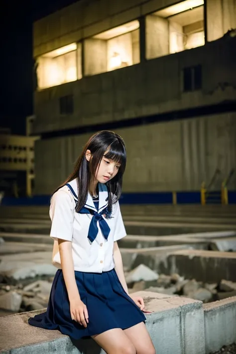 ((Inside a broken concrete building))、((Beautiful japanese girl))、Same school uniform、Same sailor suit、20yr old、With bangs、Long hair, Height 170cm、8th class、Anger expression、((Navy long skirt below knee length))、Pitch black night、total darkness、(deep in th...