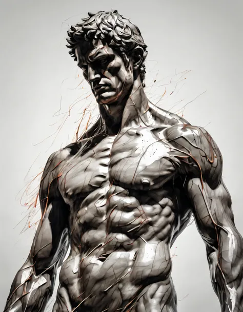 Hercules-style Greek stoic statue with highlighted muscles dark background, Zoro um menino, Perfect centralization, coelho (franco)de Donnie, Standing position, beleza abstrata, Centrado, looking at the camera, Facing the camera, nearing perfection, triste...