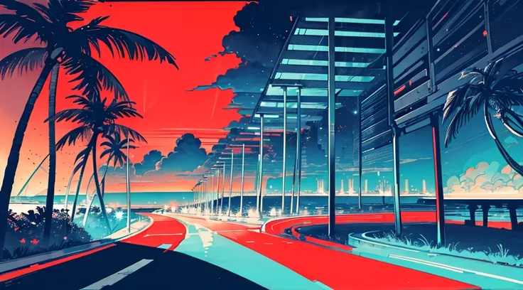 (cyberpunk road by the sea, red glowing road, starry sky, big moon, palm trees), (classic convertible car), (low contrast, flat color, limited palette)