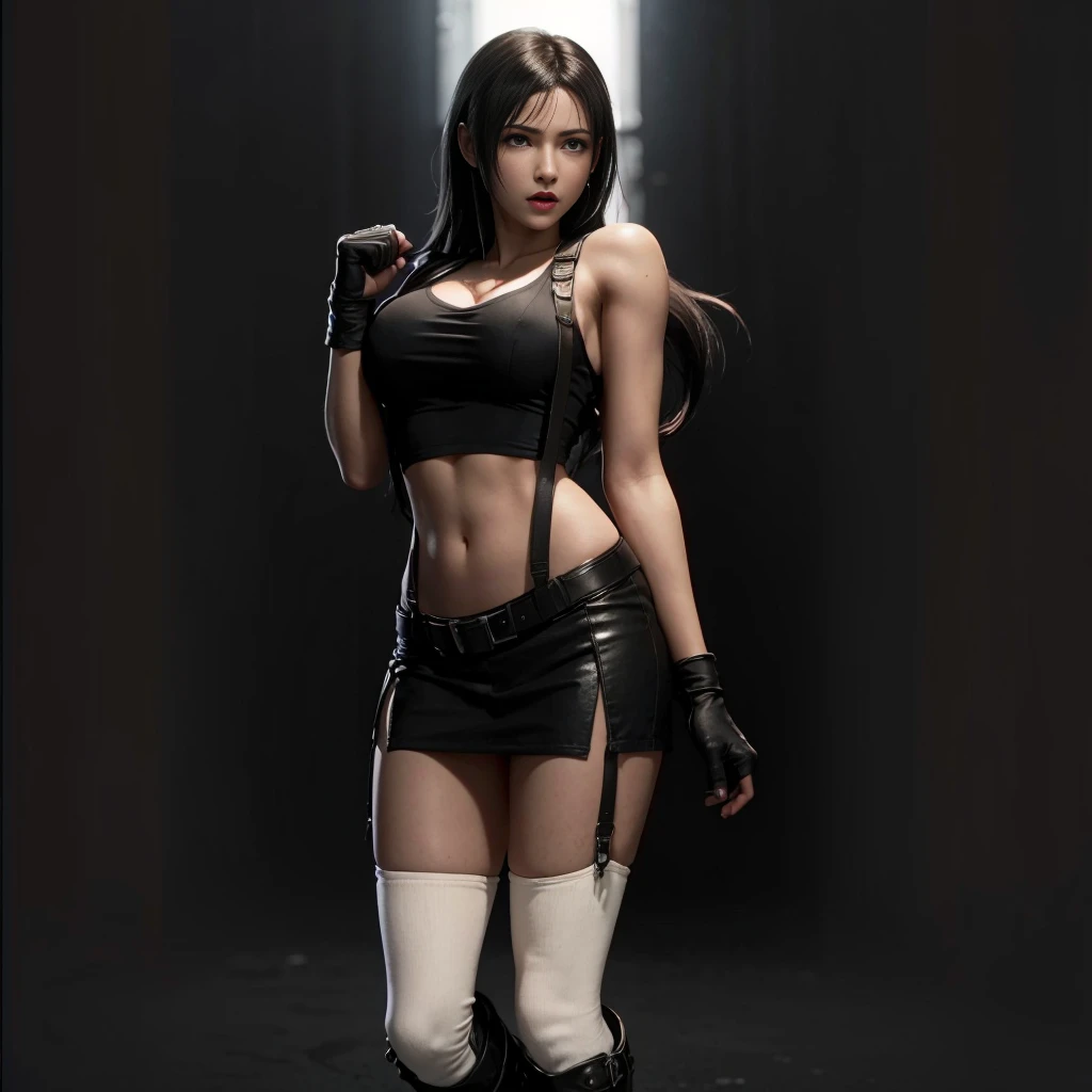 (best quality,ultra-detalhado),(Realistic:1.37),Tifa Lockhart, Rosto bonito e detalhado, maquiagem preta nos olhos, textura ultra realista, rosto delicado, corpo delicado, angry expression