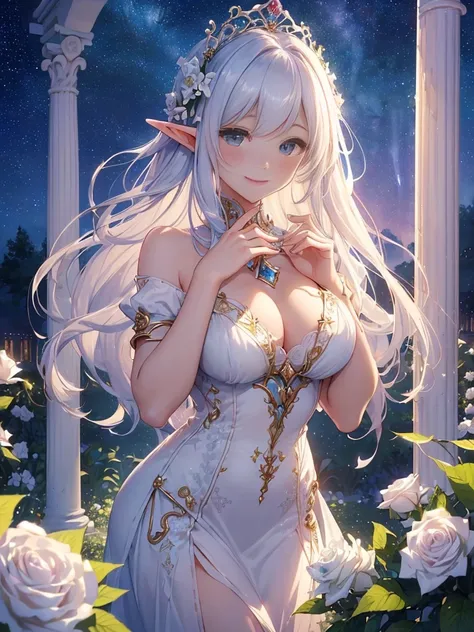 top-quality、Top image quality、​masterpiece、Elven Beauty、Smiling while holding a bouquet of white roses((24 year old、Best Bust、big bast、Bust 90,beautiful blue ironed long hair、A slender、a closeup、Esbian、beautiful tiara、hiquality、Beautiful Art、Background wit...