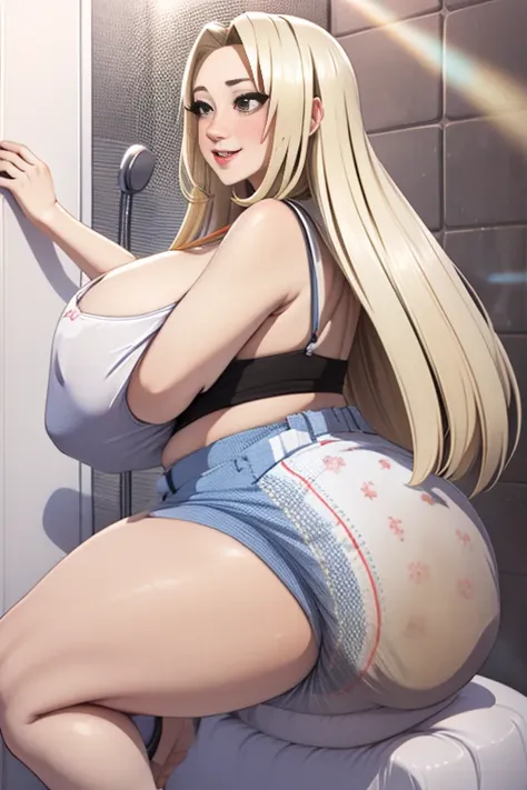 Tsunade Senju, 1 girl, ((bimbo))), long blond hair, cute smile face, puffy lips, painted lips, thick lips, wide hips, thick thighs, huge ass, craving lust face , enormous huge natural breasts, cleavage, mature mom, white bra, enormous bloated swollen about...