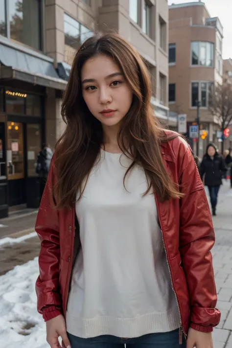 ((best quality)), ((masterpiece)), (detailed), perfect face, korean girl, visiting canada, outside, winter, red jacket, dirty blonde hair, selfie, downtown Toronto, photorealistic, 8k, high detail, pores, full body, silly pose, anatomy