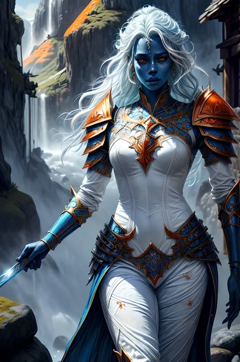 fantasy art, dnd art, RPG art, drkfntasy wide shot, (masterpiece:1.3), full body intense details, highly detailed, photorealistic, best quality, highres, portrait a vedalken female (fantasy art, Masterpiece, best quality: 1.3) (blue colored skin: 1.3), int...